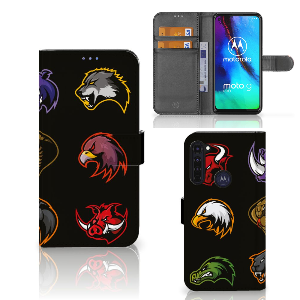 Motorola Moto G Pro Leuk Hoesje Cartoon met dierenlogo's op een zwart achtergronddesign.
