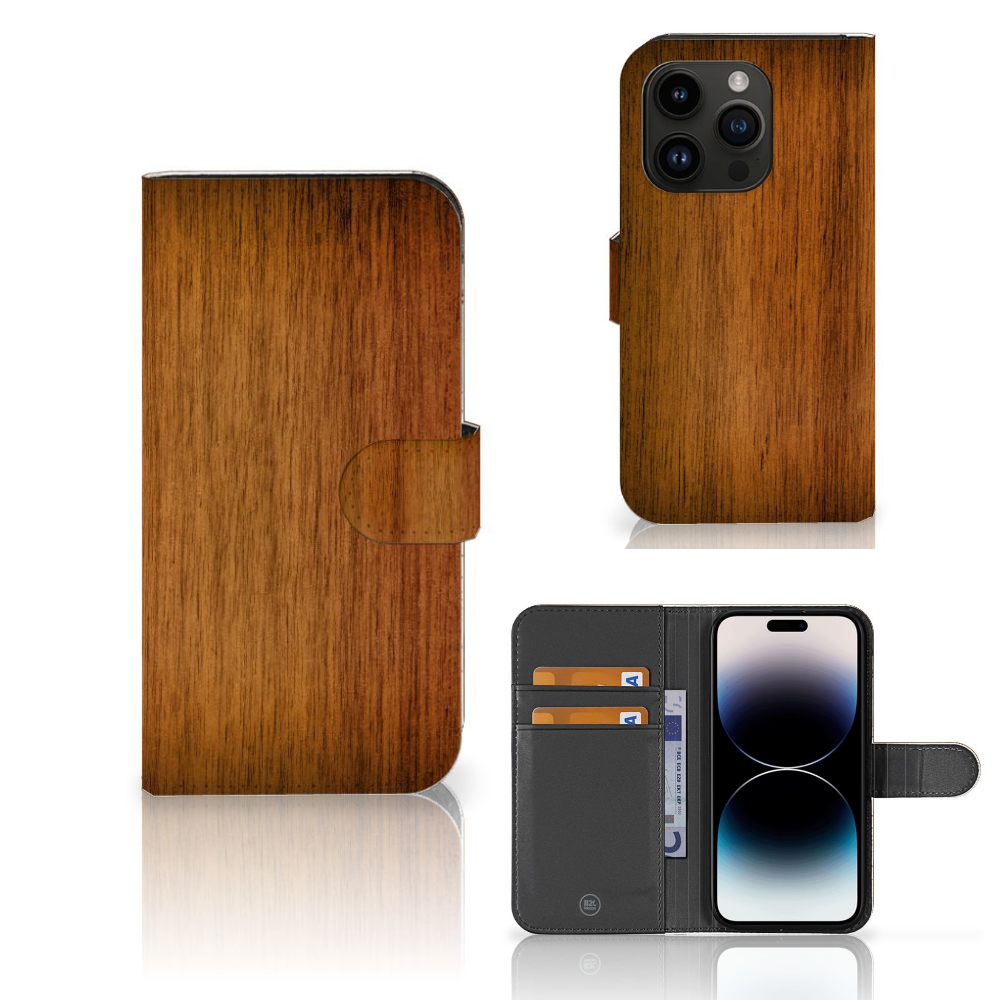 iPhone 15 Pro Book Style Case Donker Hout met pasjeshouder en realistische houtprint đŗ