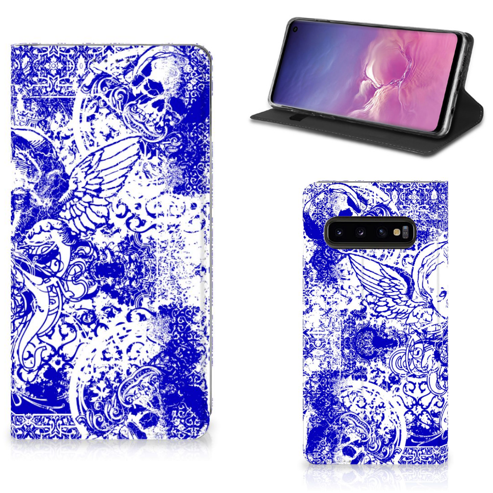Mobiel BookCase Samsung Galaxy S10 Angel Skull Blauw