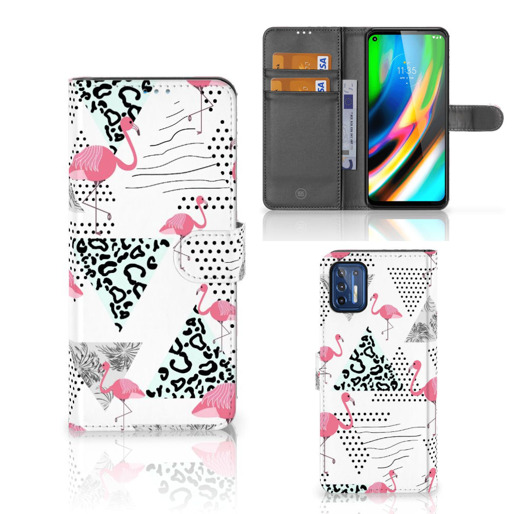 Motorola Moto G9 Plus Telefoonhoesje met Pasjes Flamingo Triangle