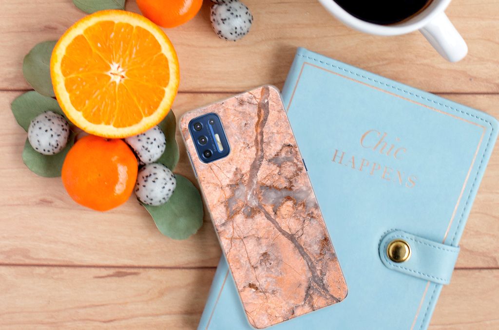Motorola Moto G9 Plus TPU Siliconen Hoesje Marmer Oranje B2C Telecom