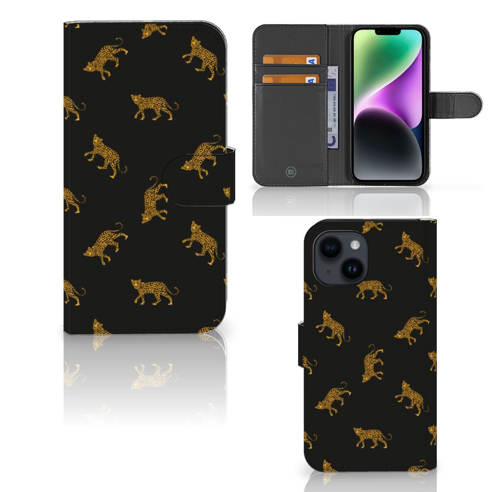 Telefoonhoesje met Pasjes voor iPhone 15 Leopards met opvallend luipaardprint design en ruimte voor drie pasjes.