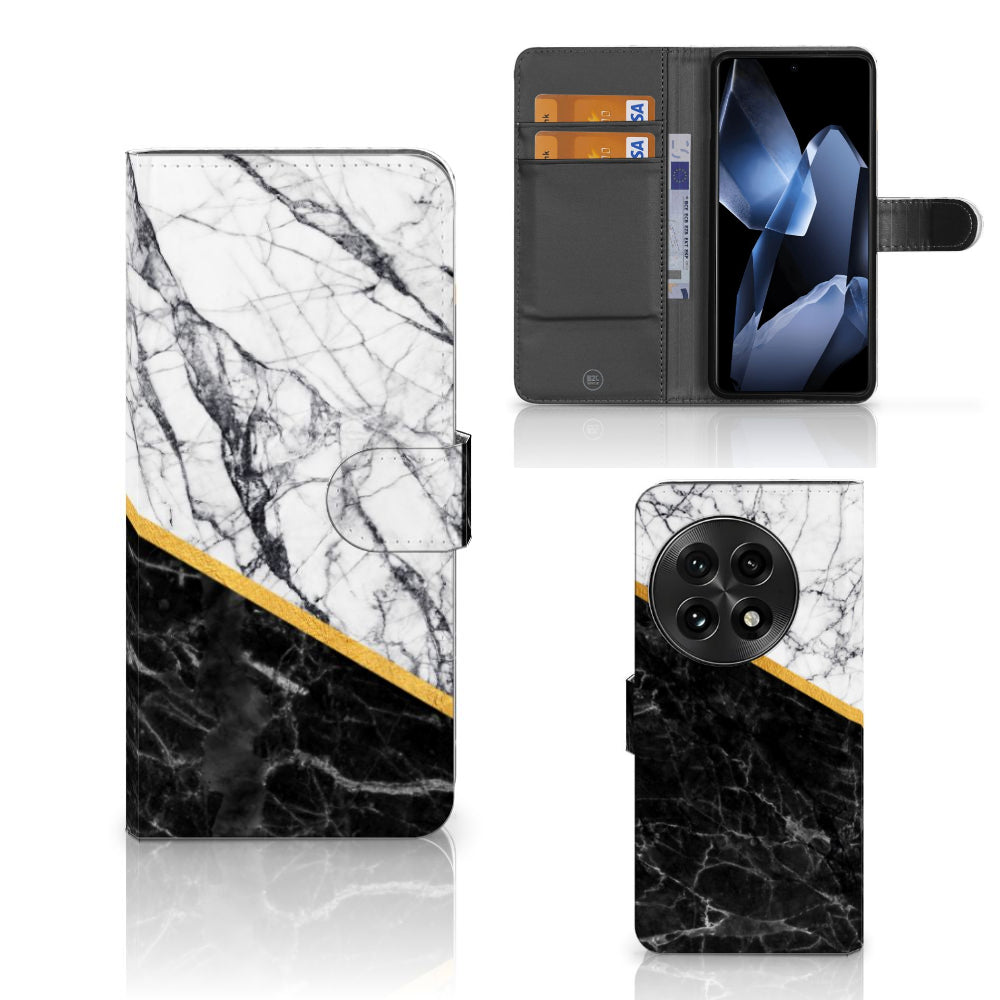 OnePlus 13 Bookcase Marmer Wit Zwart - Origineel Cadeau Man