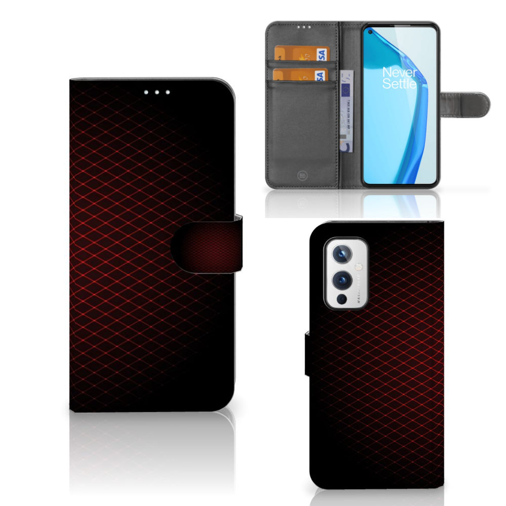 OnePlus 9 Telefoon Hoesje Geruit Rood met pasjeshouders en sluitlipje