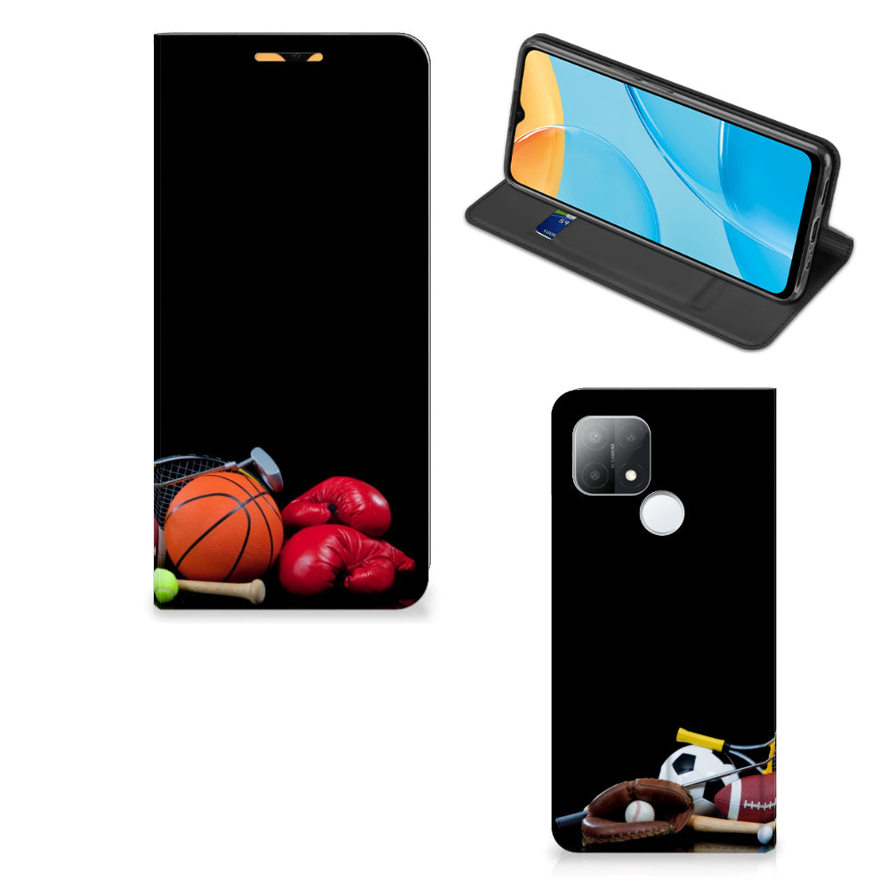 OPPO A15 Hippe Standcase Sports met sportafbeeldingen zoals basketbal en bokshandschoenen.