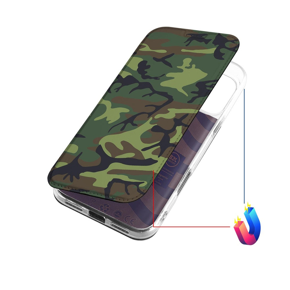 Apple iPhone 17 Pro Max Bookcase Army Dark bookcase camouflage design bovenaanzicht