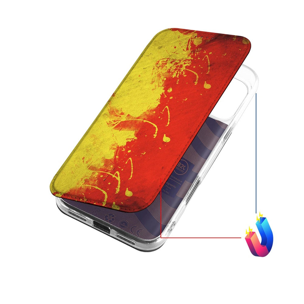Apple iPhone 17 Pro Max Book Case Belgie design geel zwart rood aanzicht