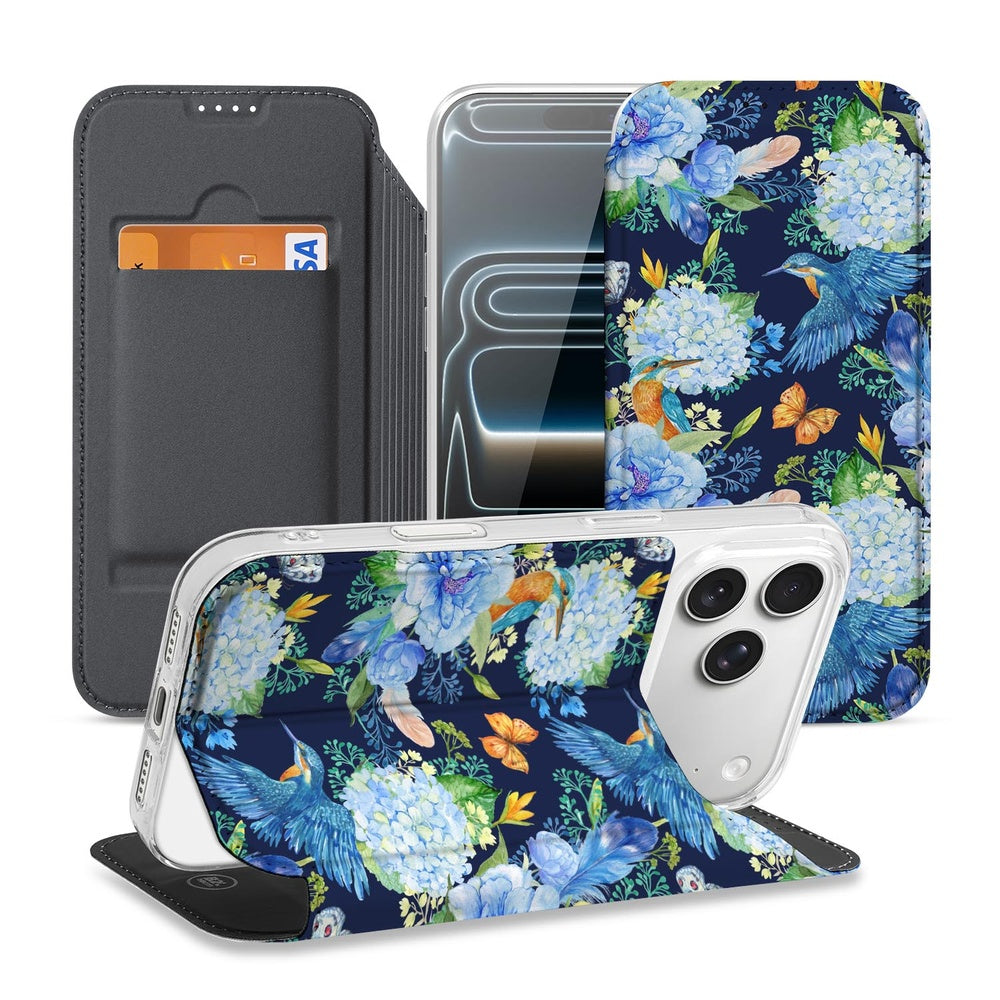 Book Case Apple iPhone 17 Pro Max IJsvogel hoesje bloemen blauw design zijkant voorkant