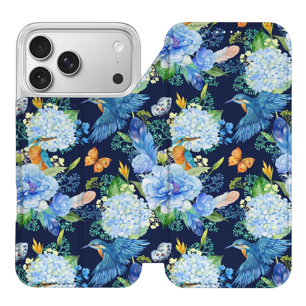 Book Case Apple iPhone 17 Pro Max IJsvogel bloemenblauw patroon zijaanzicht