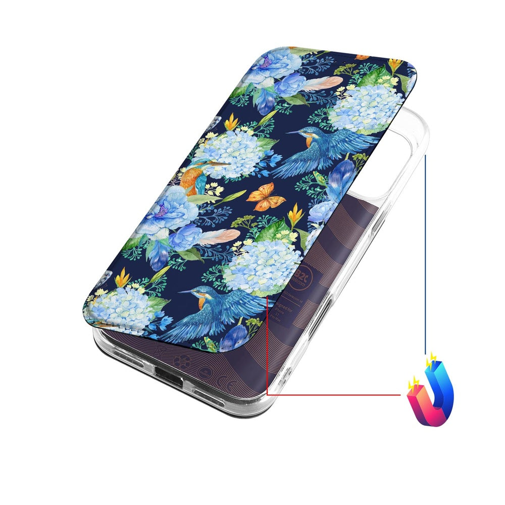 Book Case Apple iPhone 17 Pro Max IJsvogel telefoonhoesje bloemen blauw design aanzicht