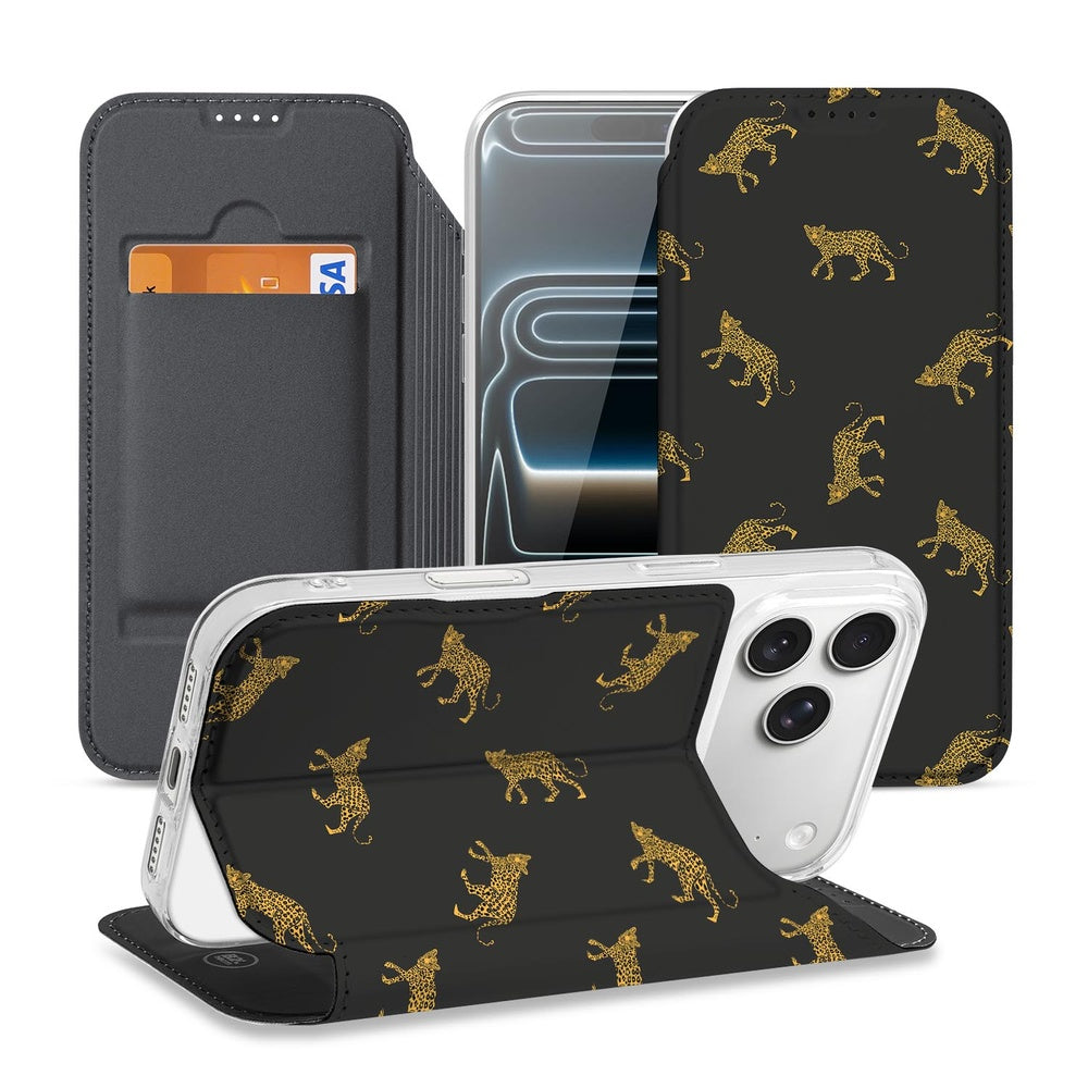 Book Case Apple iPhone 17 Pro Max Leopards bookcase luipaarden zwart goud design aanzicht