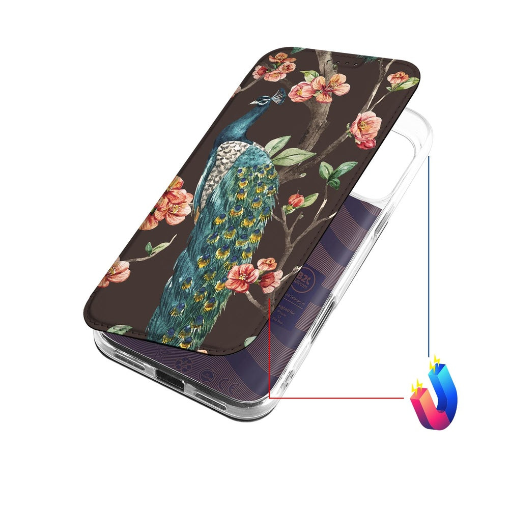 Book Cover Apple iPhone 17 Pro Max Pauw met Bloemen design pauw bloemen aanzicht