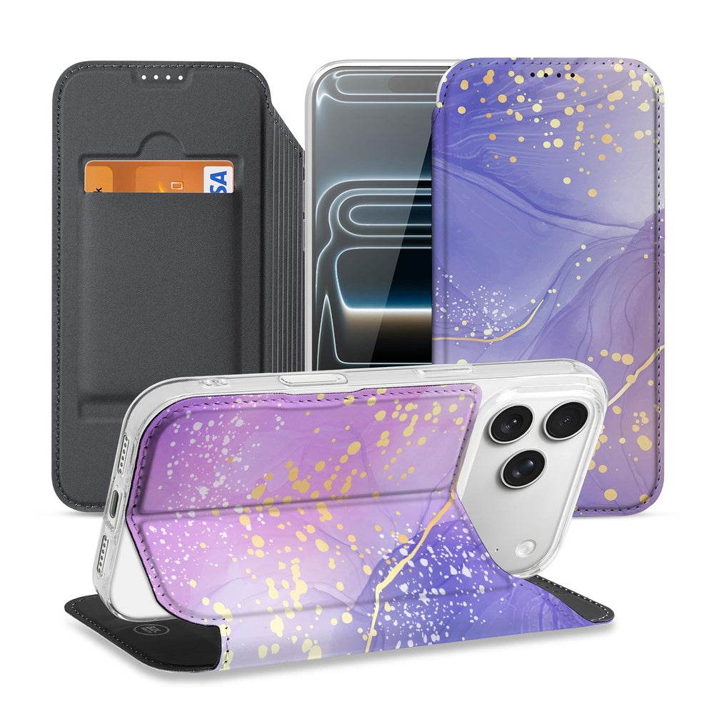 Apple iPhone 17 Pro Max Standcase Hoesje Watercolor Paars hoesje aanzicht paars-waterverf ontwerp