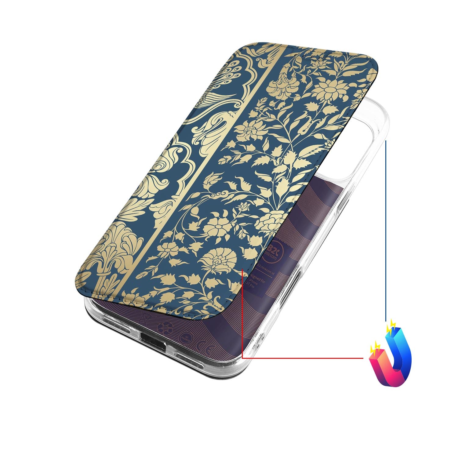 iPhone 17 Pro Book Case Beige Flowers hoes design beige bloemen donkerblauwe achtergrond