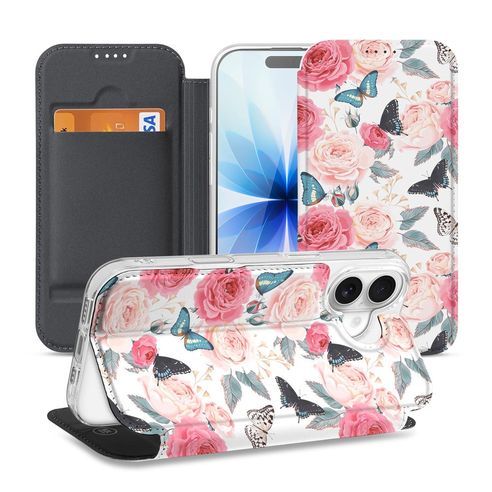 Apple iPhone 17 Flip Style Cover Butterfly Roses telefoonhoesje design open vlakke weergave