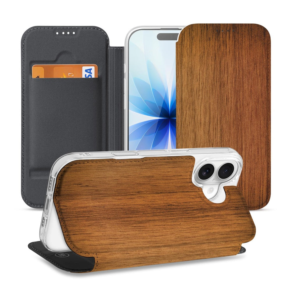 Apple iPhone 17 Wallet Case Donker Hout wallet hoes natuurlijk ontwerp open view