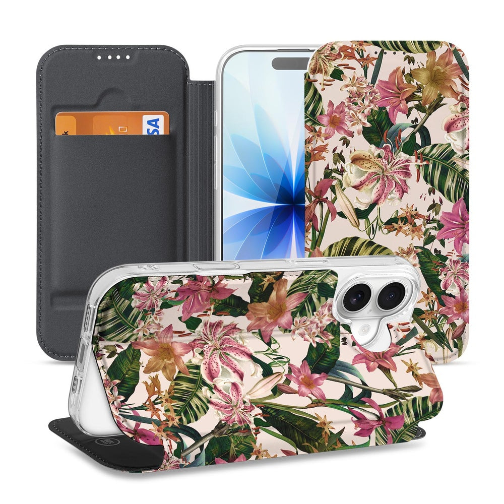 iPhone 17 Book Case Flowers boekcase bloemen paarswit design aanzicht
