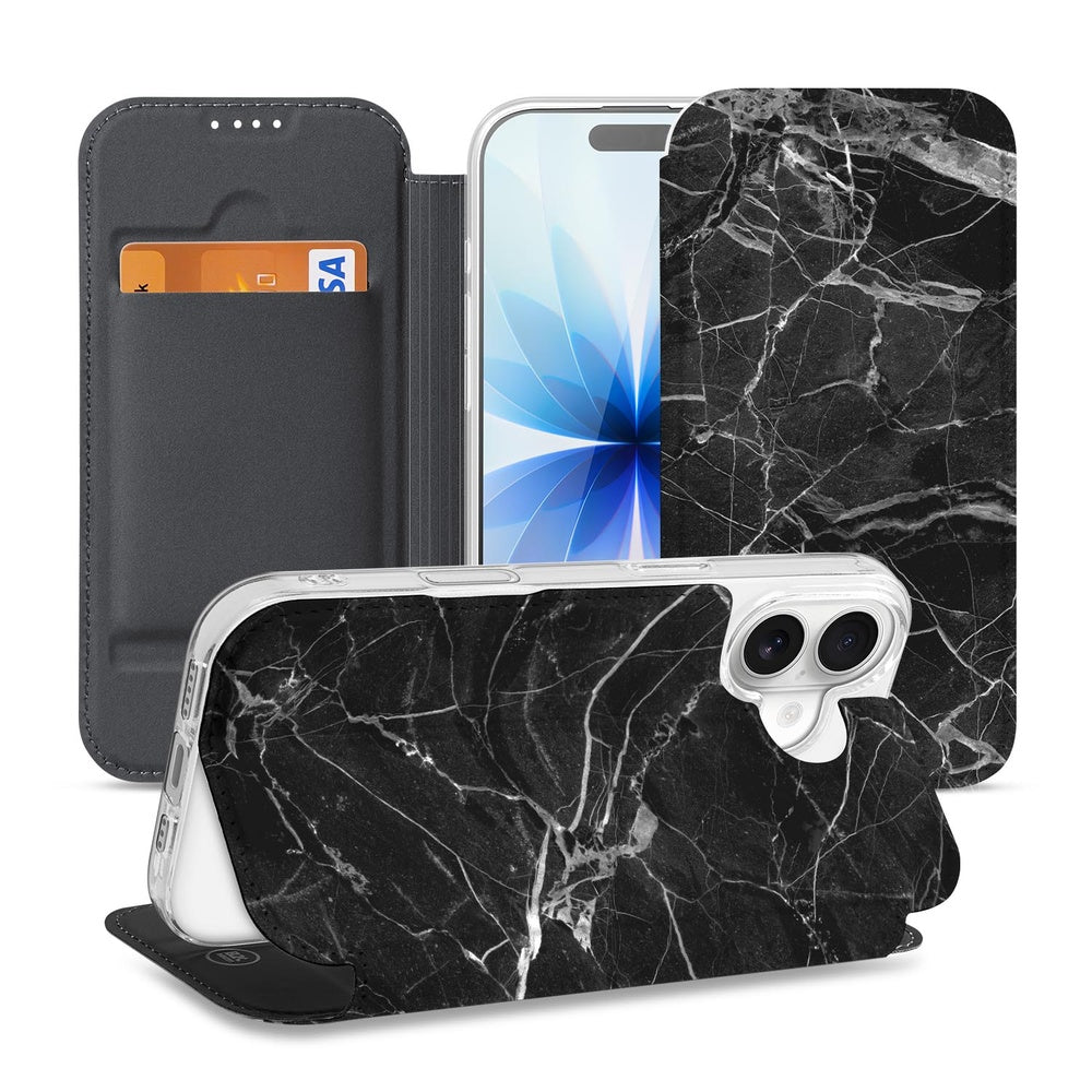 Telefoonhoesje iPhone 17 Wallet Case Marmer Zwart wallet case zwart marmer design aanzicht