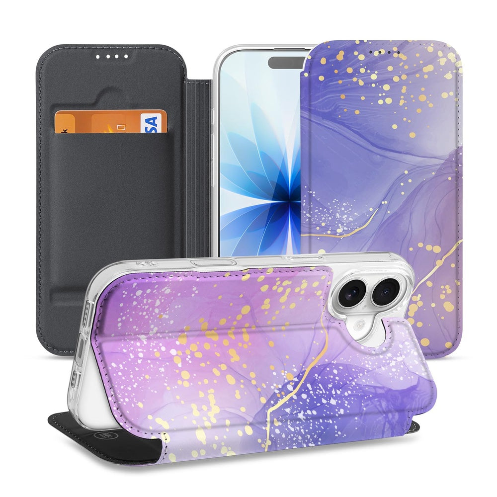 Apple iPhone 17 Telefoonhoesje met pashouder Watercolor Paars bookcase design aanzicht