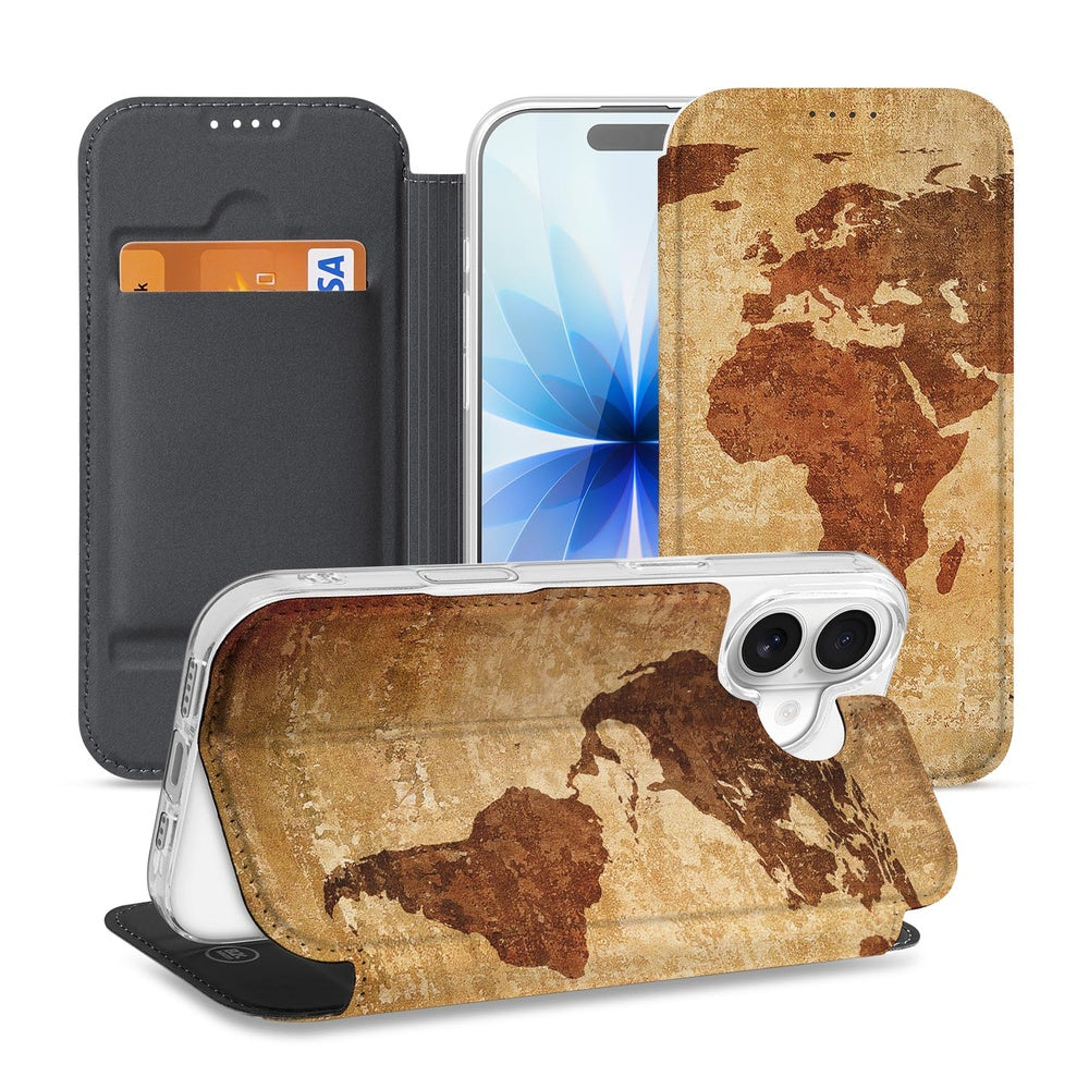 Apple iPhone 17 Book Case Wereldkaart boekcase wereldkaart aanzicht
