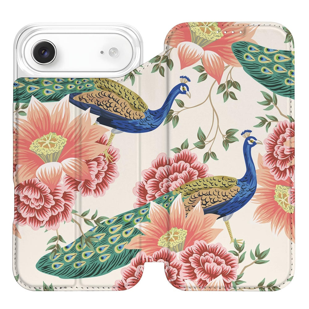 Apple iPhone Air Bookcase Pink Peacock voorkant met bloemen en pauwen