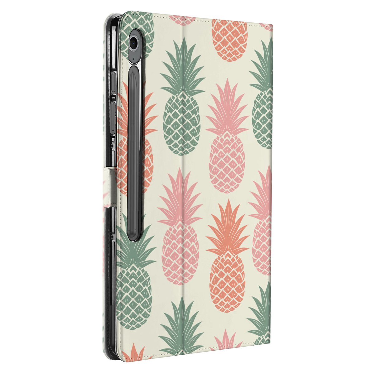 Ananas Book Case Hoesje met Standaard Samsung Galaxy Tab S10 FE Plus hoesje ananas design zijaanzicht