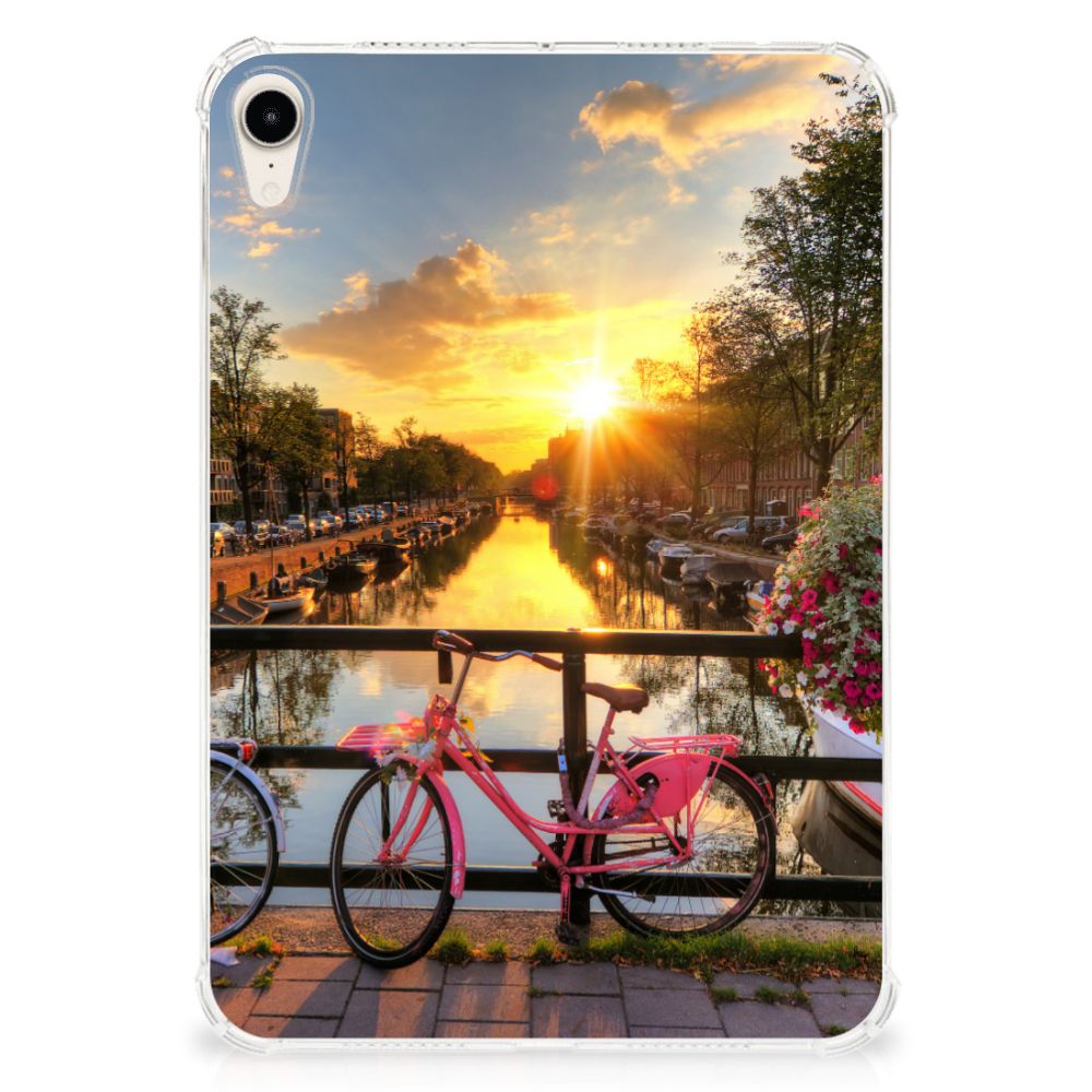 Apple iPad mini 6 (2021) Hip Hoesje Amsterdamse Grachten met zonsondergang en roze fiets đ
