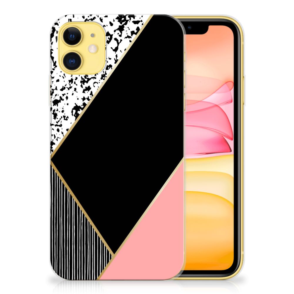 Apple iPhone 11 TPU Hoesje Zwart Roze Vormen met trendy geometrisch design.