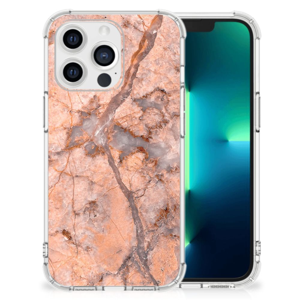 Apple iPhone 13 Pro Anti-Shock Hoesje Marmer Oranje voorkant