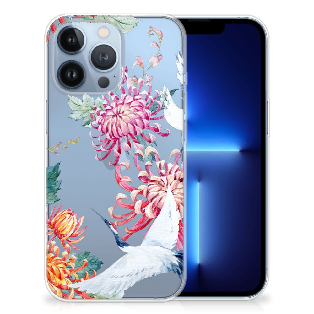 Apple iPhone 13 Pro TPU Hoesje Bird Flowers design bloemen ooievaar zijkant