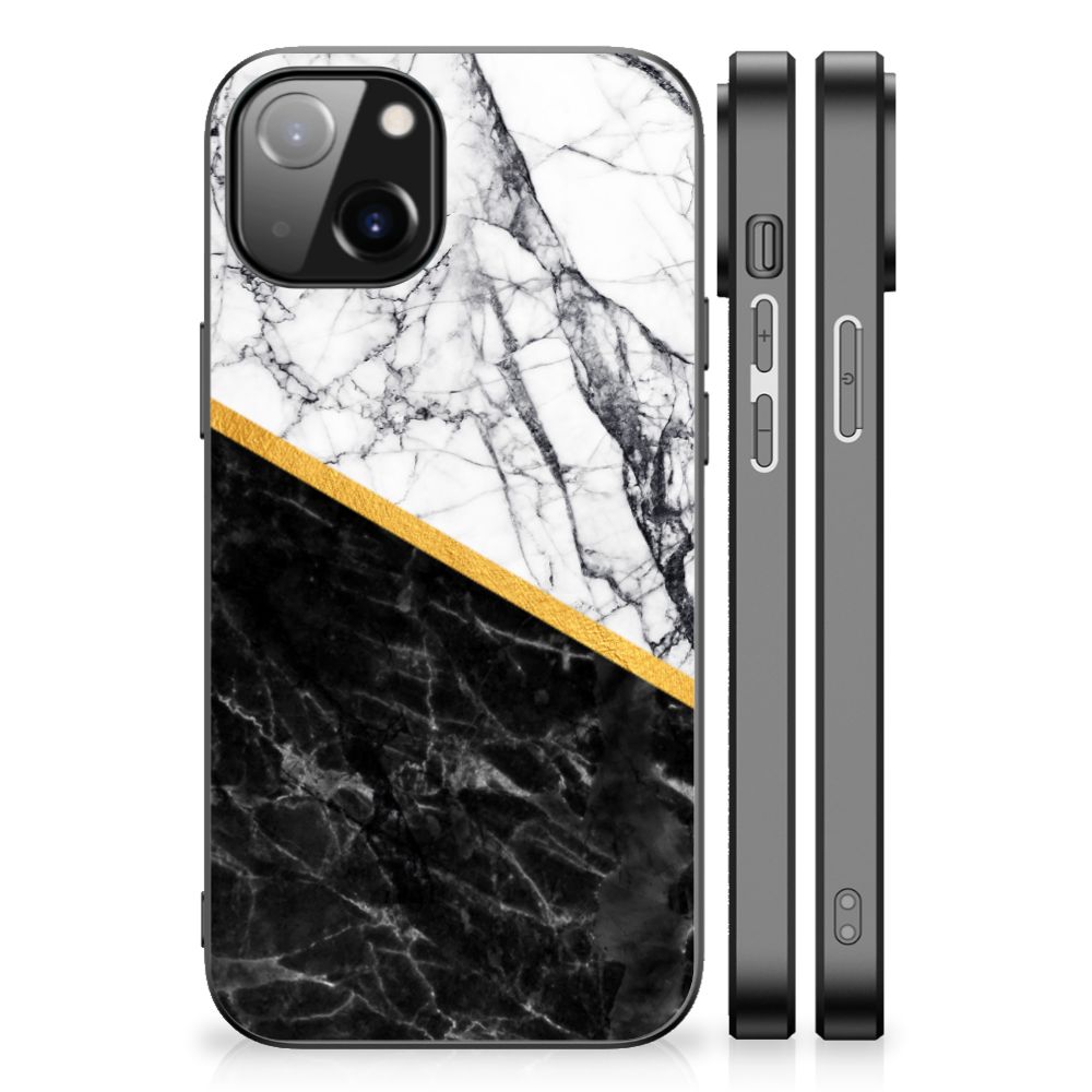 Apple iPhone 13/14 Marmeren Print Telefoonhoesje Marmer Wit Zwart achterkant zijkant