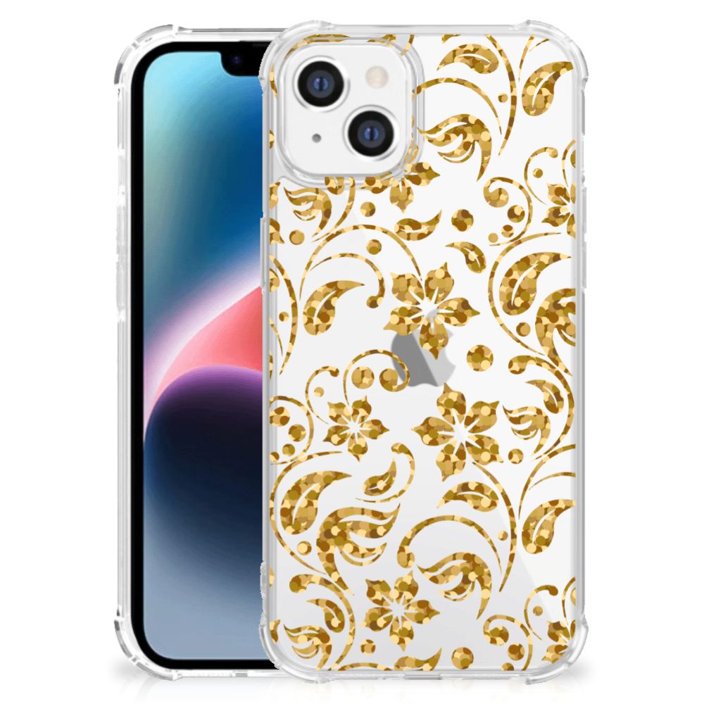 Apple iPhone 14 Plus Case Gouden Bloemen transparant achterkant bloemen design