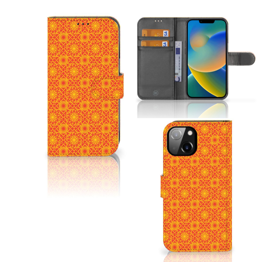 Apple iPhone 14 Telefoon Hoesje Batik Oranje telefoonhoesje batik oranje voorkant achterkant zijkant