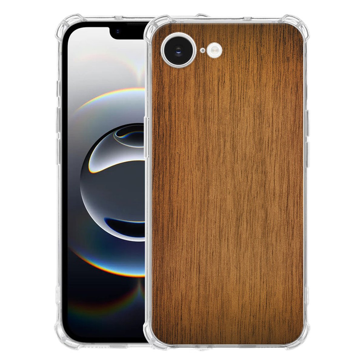 Apple iPhone 16e Hoesje - Donker Hout TPU Antishock hoesje donker hout design voorkant achterkant