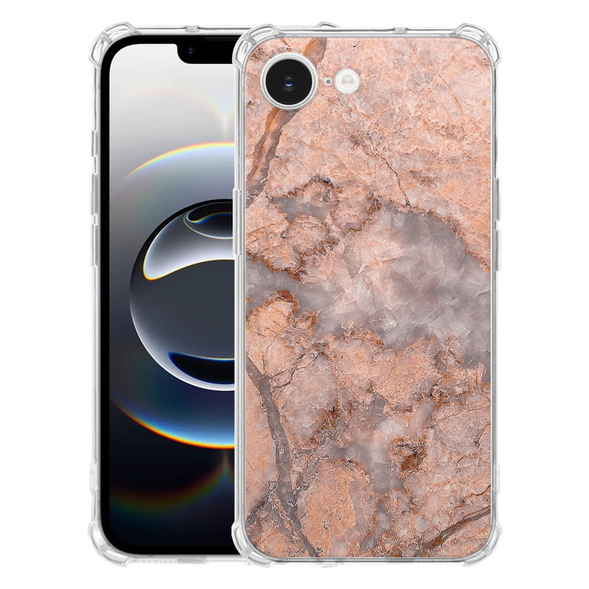 Apple iPhone 16e Hoesje Marmer Oranje TPU Antishock achterkant voorzijde