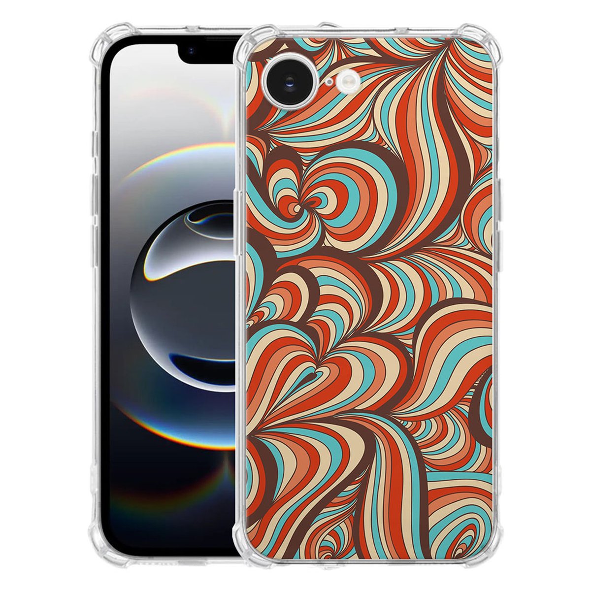 Apple iPhone 16e Hoesje - Retro TPU Antishock designnaam retro kleurpatroon aanzicht