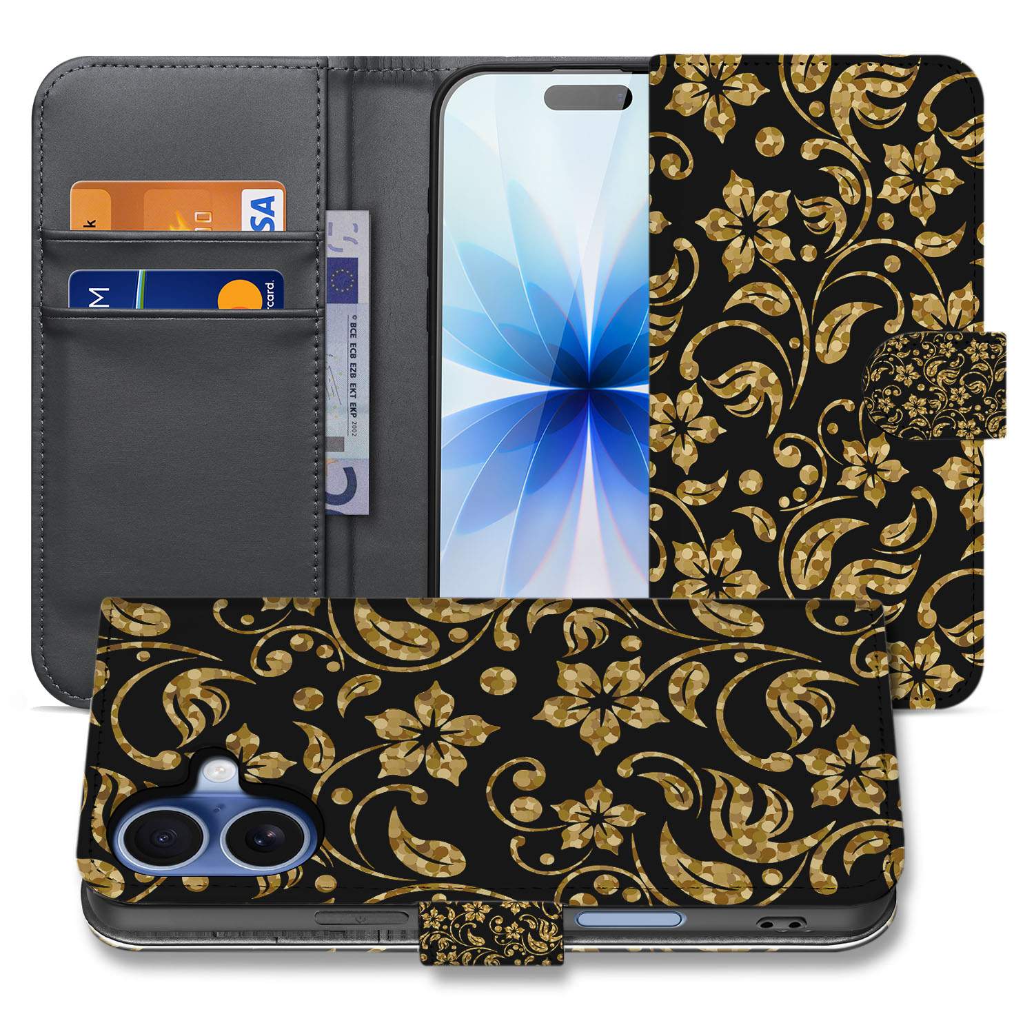 Apple iPhone 17 Boekhoes Gouden Bloemen Met Pasjesvak designnaam gouden bloemen aanzicht