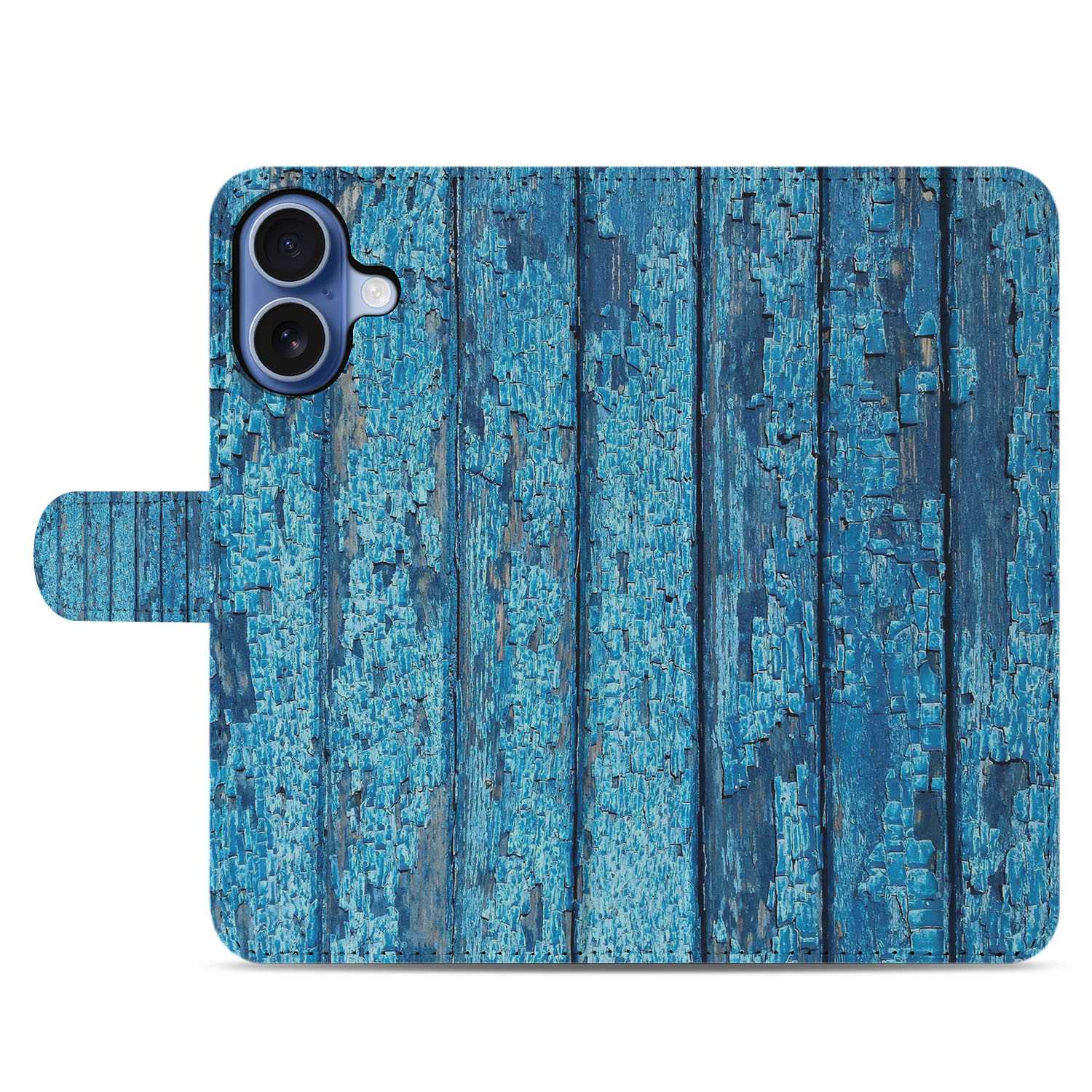 Apple iPhone 17 Book Case Afgebladderd Blauw Hout Met Pasjes design voorkant afgebladderd blauw hout