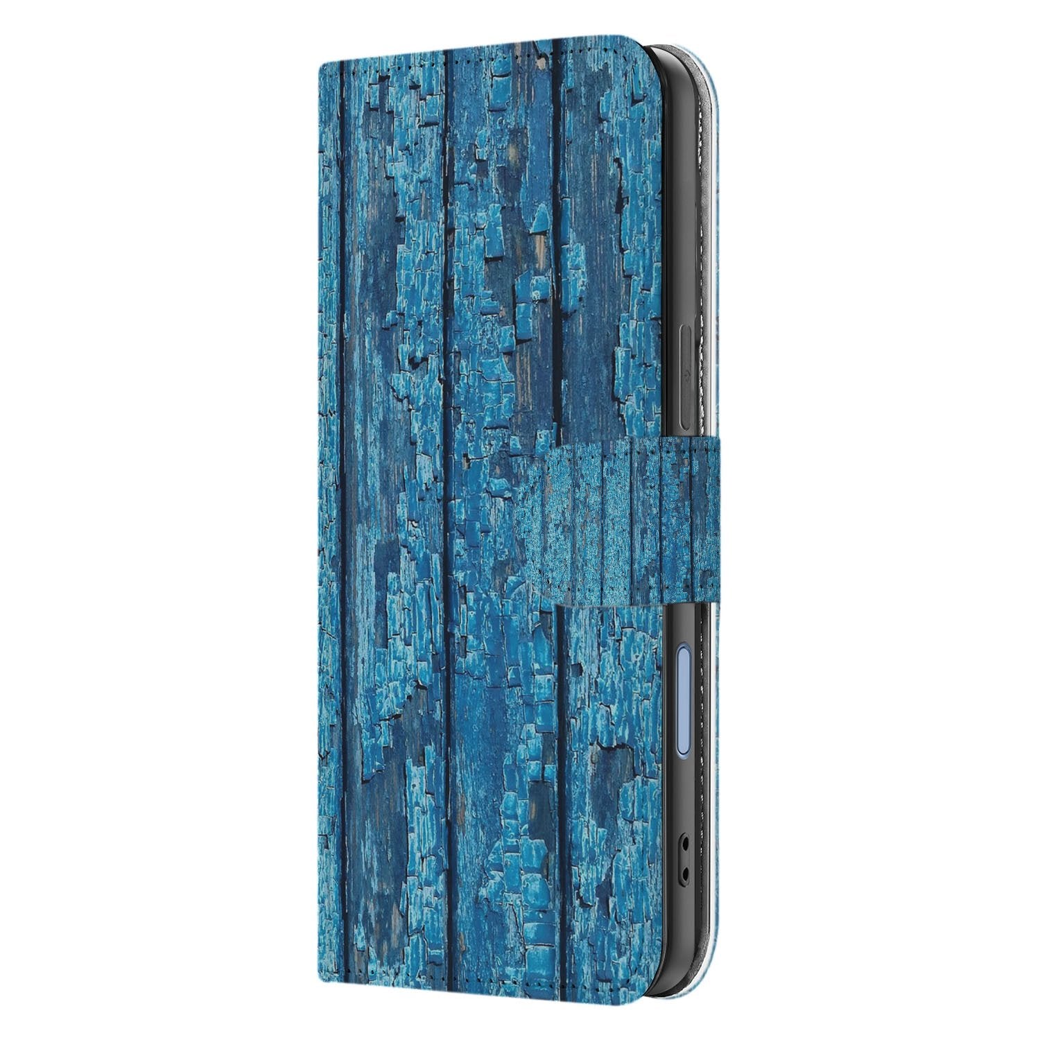 Apple iPhone 17 Book Case Afgebladderd Blauw Hout Met Pasjes book case blauw hout zijaanzicht