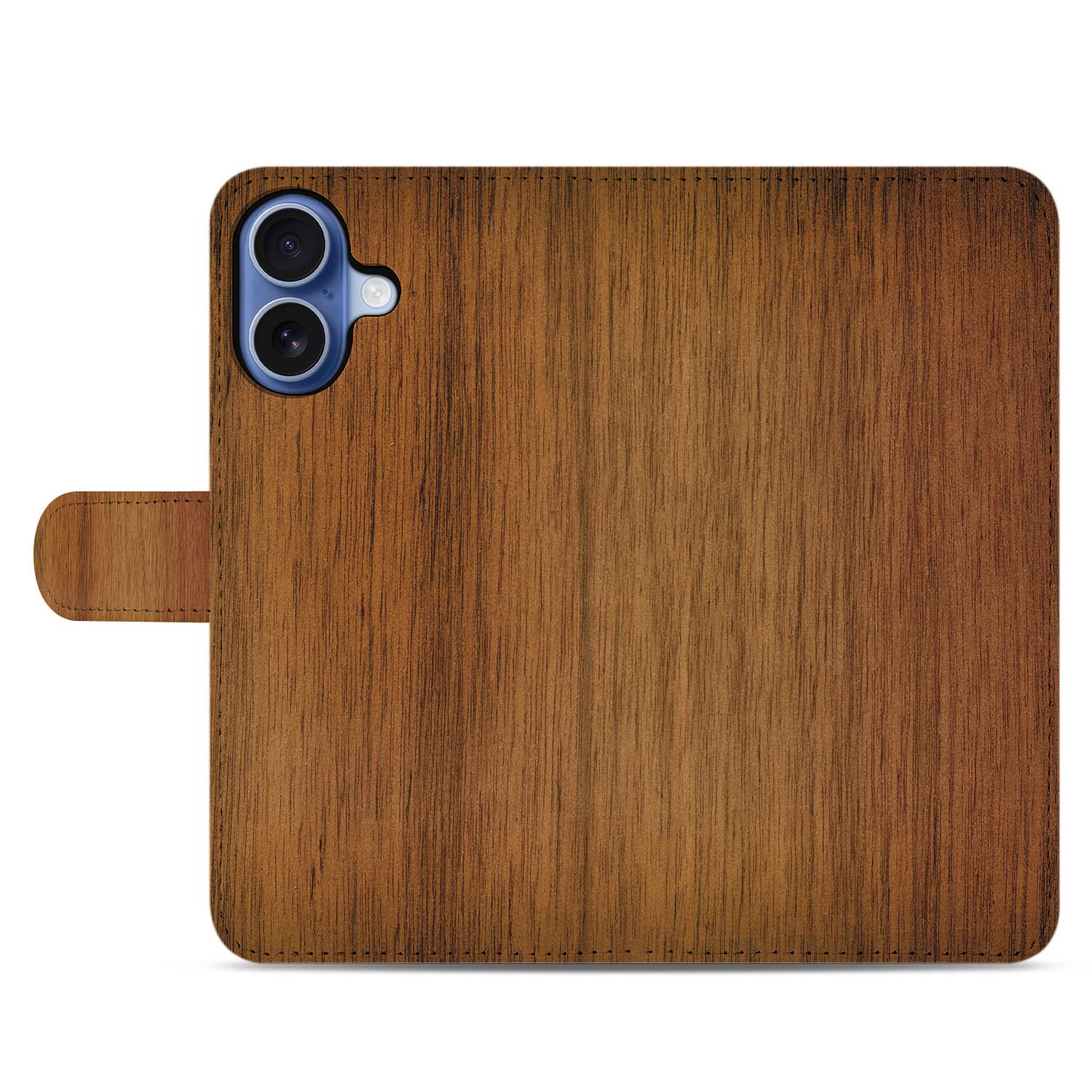 Apple iPhone 17 Book Case Donker Hout Met Pasjeshouder donker hout design achterkant