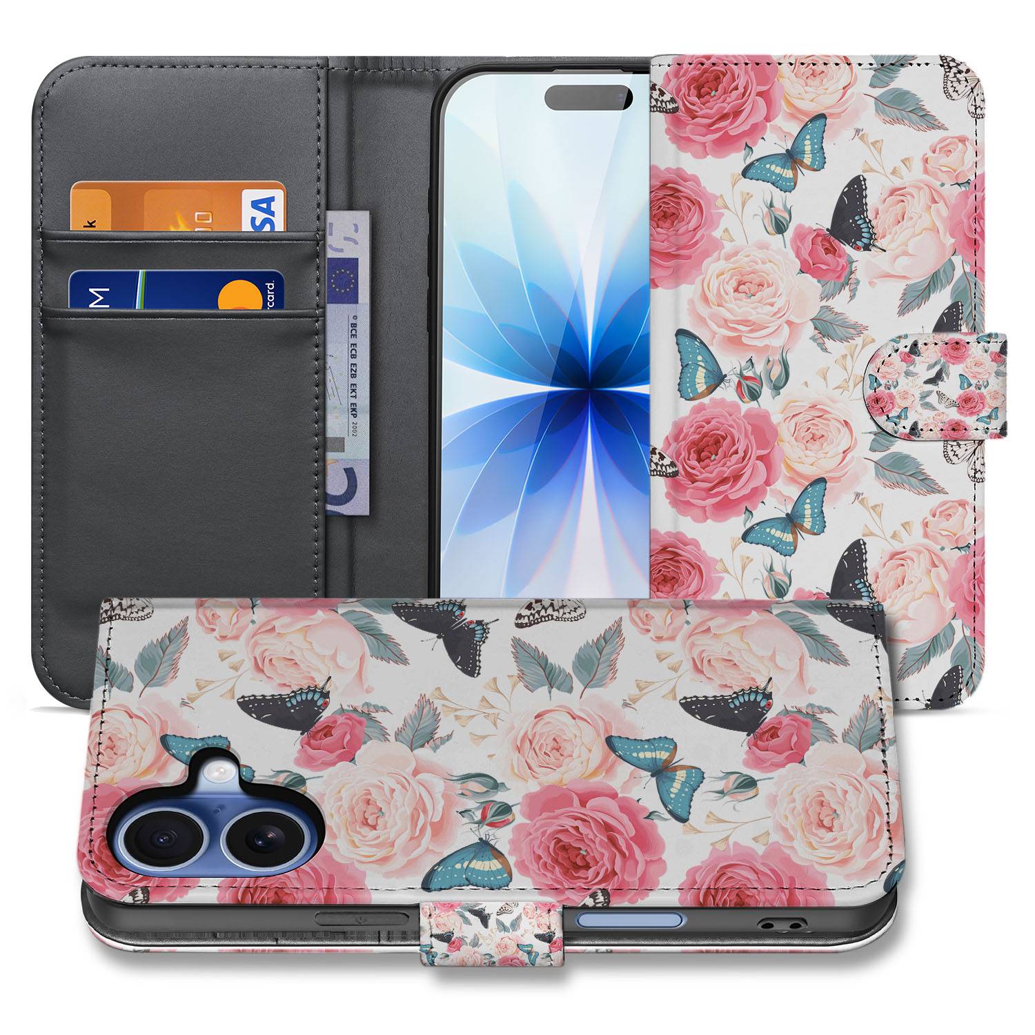 Apple iPhone 17 Bookcase Hoesje Roze Butterfly Roses Met Pasjes designnaam voorzijde