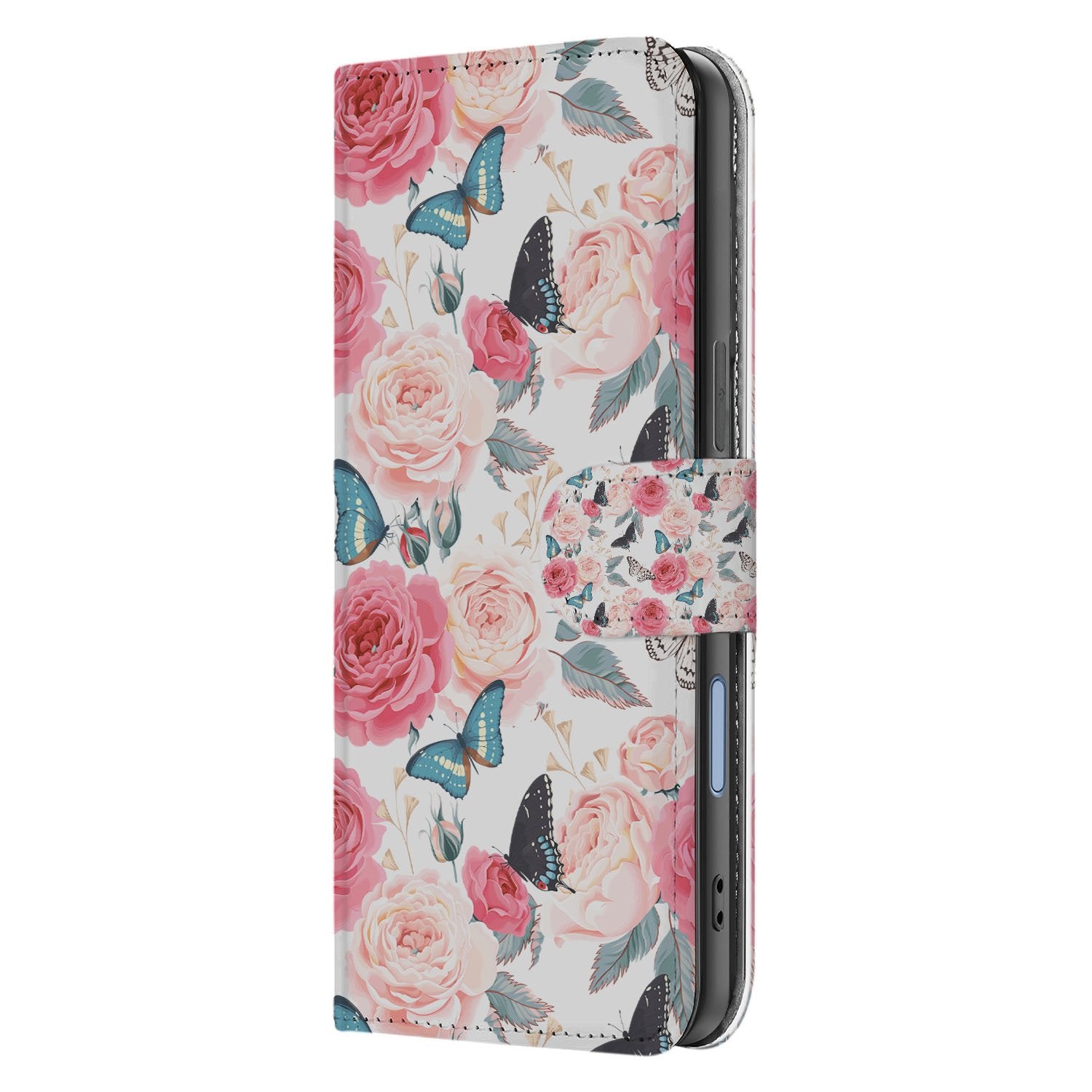 Apple iPhone 17 Bookcase Hoesje Roze Butterfly Roses Met Pasjes design butterfly roses aanzicht
