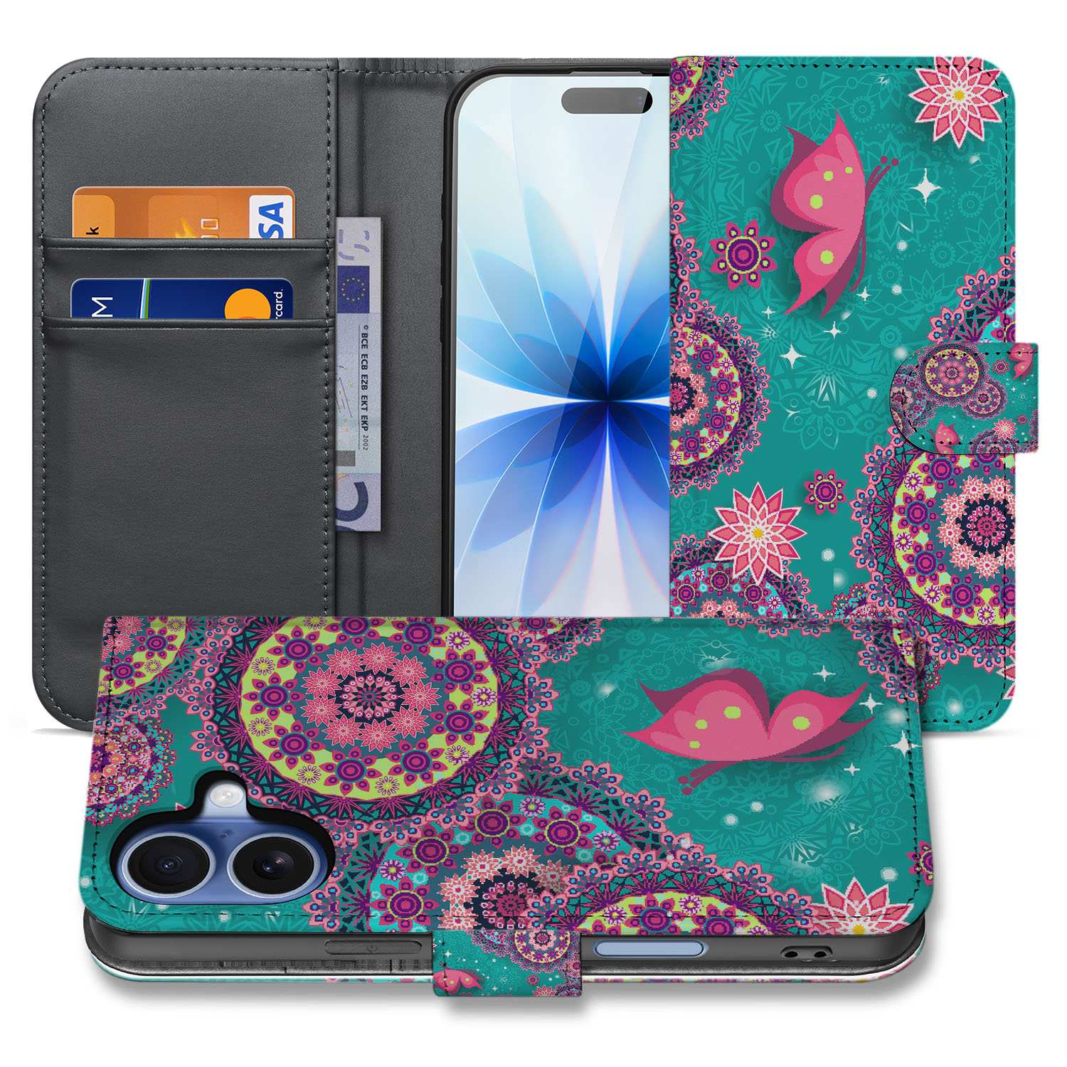 Apple iPhone 17 Bookstyle Hoesje Met Pasjes Cirkels en Vlinders voorkant zij aanzicht