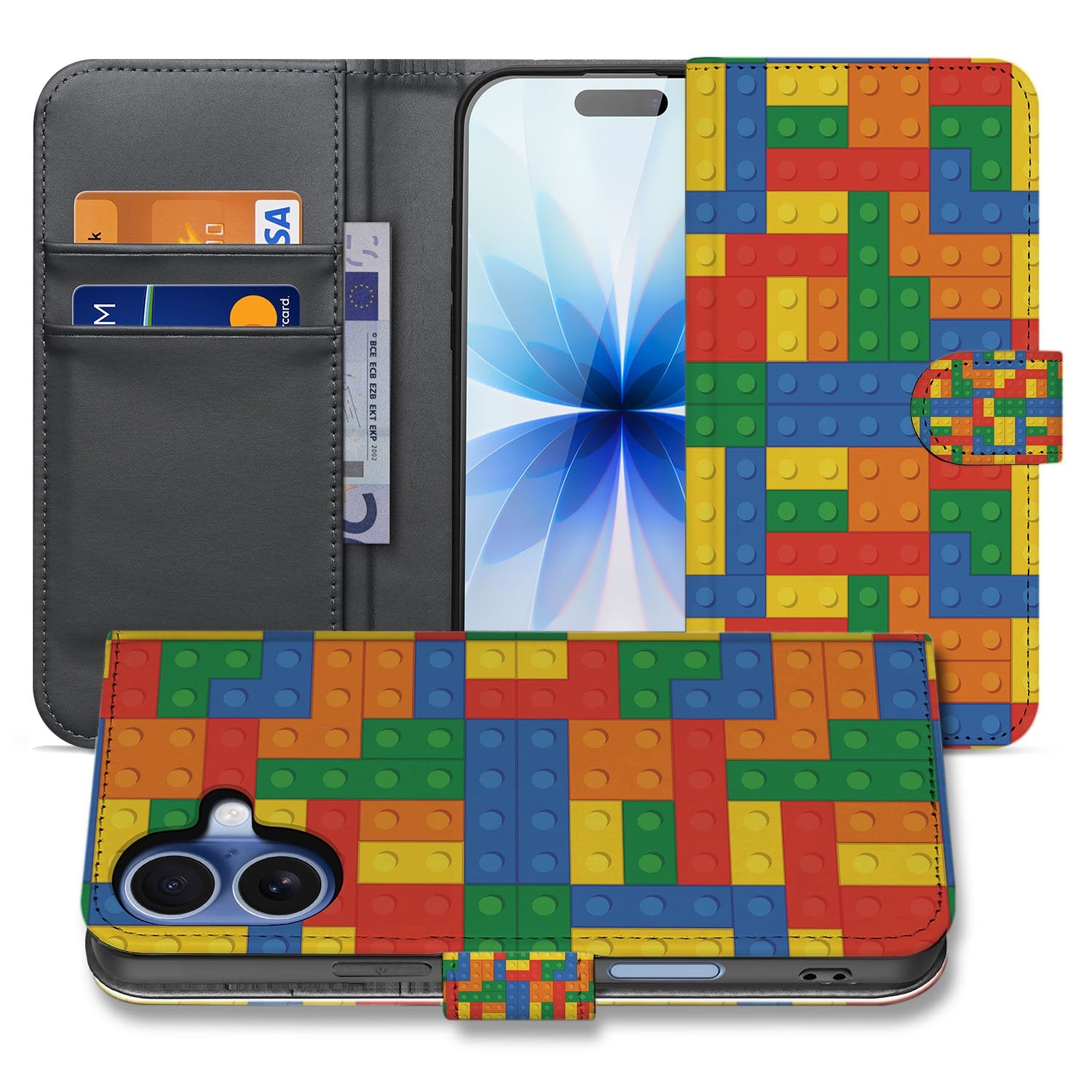 Apple iPhone 17 Hoesje Blokken Design Met 3 Pasjes Kleurrijk bookcase blokkendesign voorkant