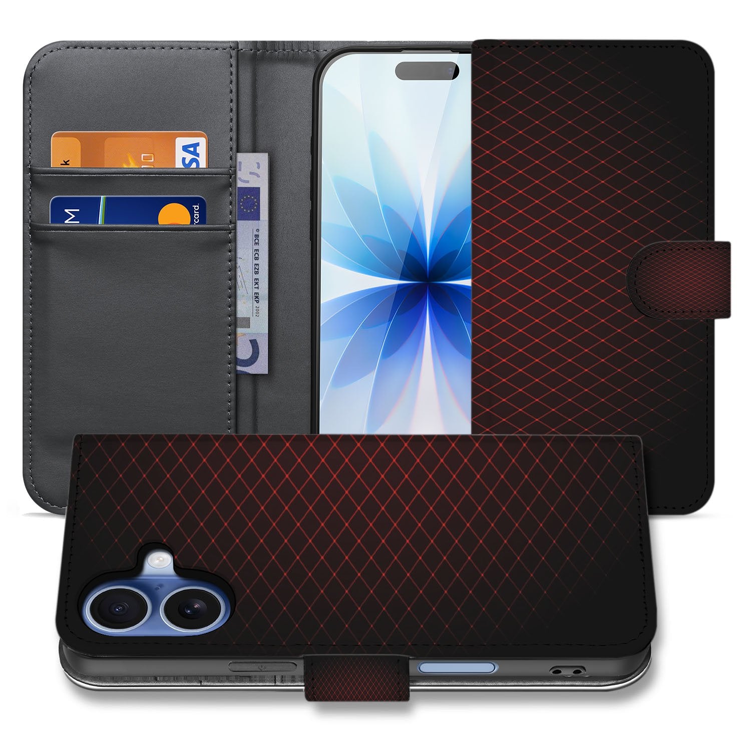 Apple iPhone 17 Hoesje Bookcase Geruit Rood Met 3 Pasjes design geruit aanzicht