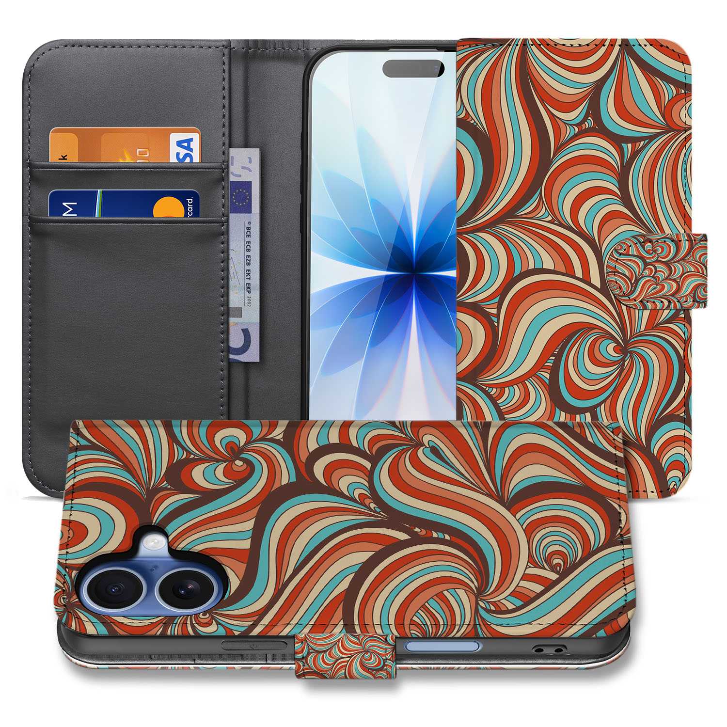 Apple iPhone 17 Hoesje Retro Met Pasjes En Magnetische Sluiting retro patroon binnenkant voorkant