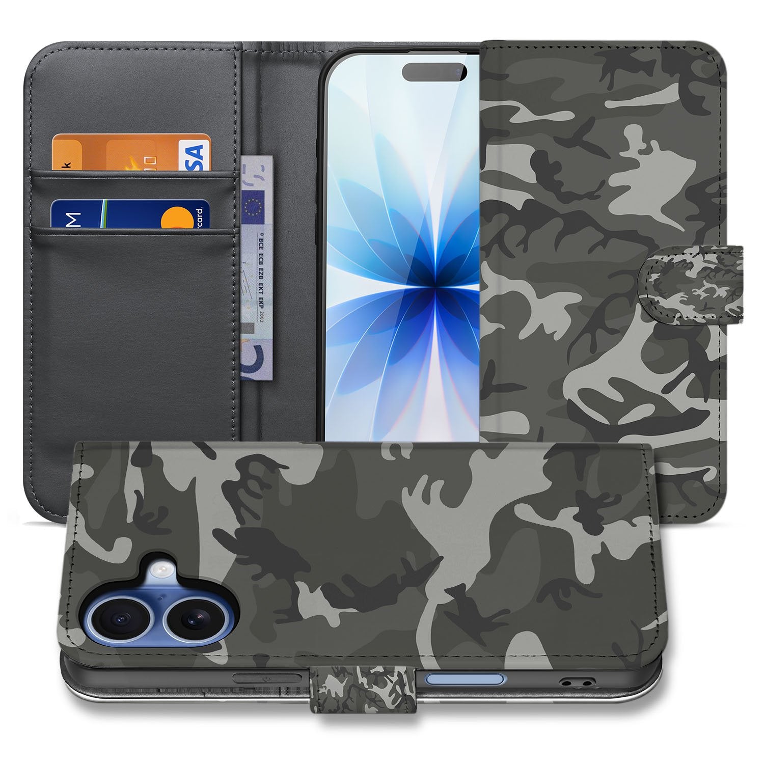 Apple iPhone 17 Portemonnee Hoesje Army Light Camouflage TPU camouflage bookcase voorzijde