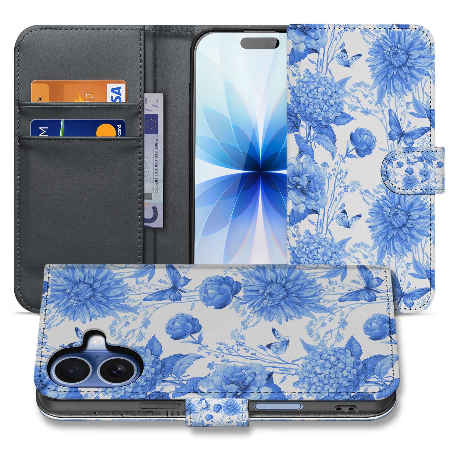 Apple iPhone 17 Portemonnee Hoesje Blauw Bloemen PU-Leer 3 Pasjes design blauw bloemen aanzicht