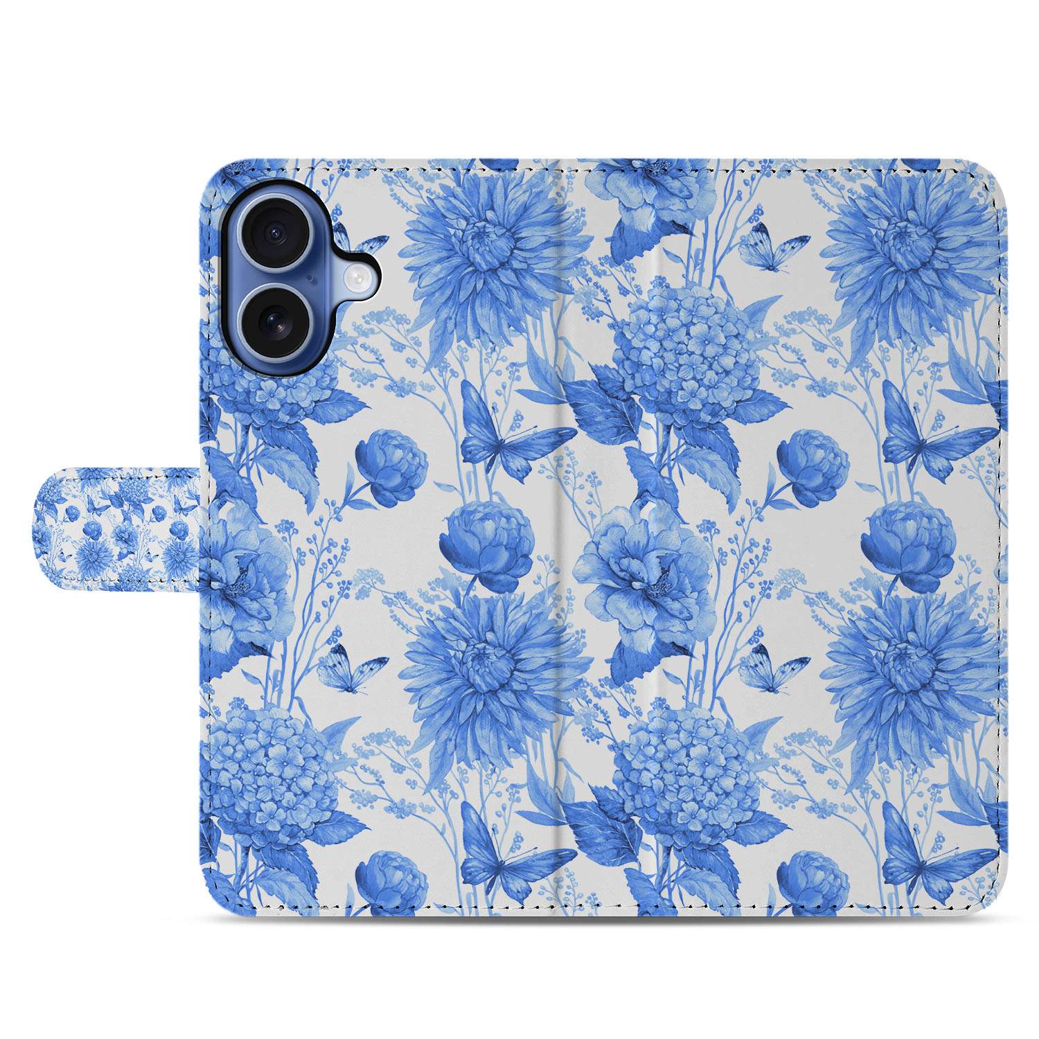Apple iPhone 17 Portemonnee Hoesje Blauw Bloemen PU-Leer 3 Pasjes bloemenpatroon voorkant