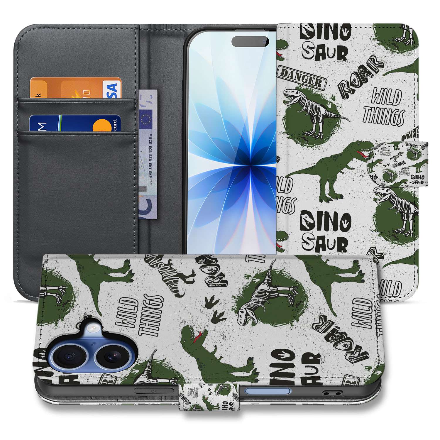 Apple iPhone 17 Portemonnee Hoesje Met Pasjes Dino Print PU Leer Dinosaurus Hoesje Voorzijde